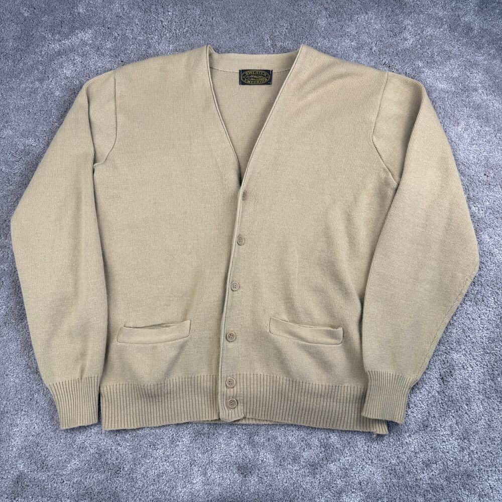 Vintage Tan Button Front V Neck Cardigan Sweater Size M Grandpa Sweater Emporium